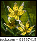 Vector stained glass window with small yellow tulip flowers. 91697415