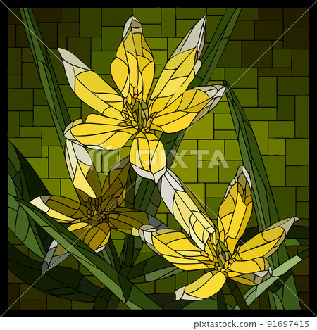 Vector stained glass window with small yellow tulip flowers. Vector stained glass window with small yellow tulip flowers. 91697415