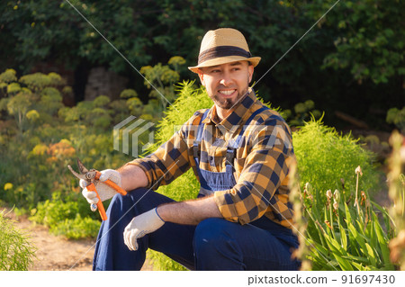 Portrait of bearded, handsome happy gardener in uniform and a straw hat sits and relax, holding a pruner. In the background is a backyard and a kitchen-garden. The concept of gardening 91697430