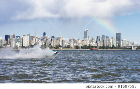 Adventurous Caucasian Woman on Sea-Doo riding in the Ocean. 91697585