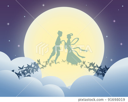 七夕,中國情人節插圖,牛郎織女在夜空中的鵲橋相會 91698019