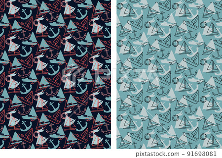 Marine boats seamless patterns, set of 2. Hand drawn doodle cartoon style. Blue grey red tones color. Geometrical grid surface layer. Transparent background. Vector 91698081