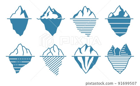 Flat iceberg. Floating acebergs with underwater part and tip, infographic template and arctic glacier vector illustration set Flat iceberg. Floating acebergs with underwater part and tip, infographic template and arctic glacier vector illustration set 91699507