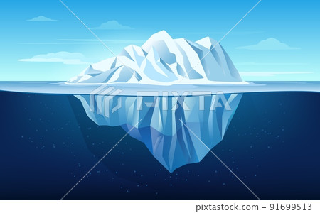 Cartoon iceberg. Growler floating In ocean, underwater part of the iceberg and tip. Giant ice ship vector background illustration Cartoon iceberg. Growler floating In ocean, underwater part of the iceberg and tip. Giant ice ship vector background illustration 91699513