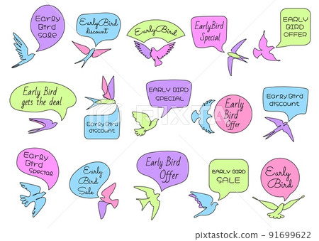 Early bird label. Special discount for early customers, shop sale offer tag with speech bubble frame and one line birds icons Early bird label. Special discount for early customers, shop sale offer tag with speech bubble frame and one line birds icons 91699622