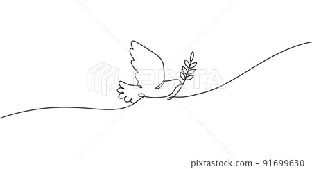 Dove with olive branch. Peace symbol, flying bird with outstretched wings continuous one line vector illustration 91699630