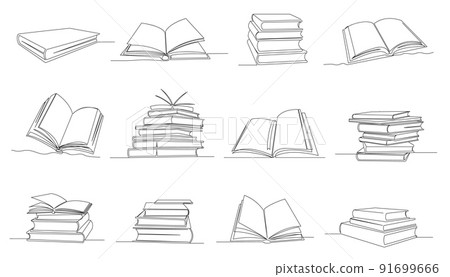 One line books. Open book with flying pages, knowledge piles and library single continuous outline vector Illustration set One line books. Open book with flying pages, knowledge piles and library single continuous outline vector Illustration set 91699666