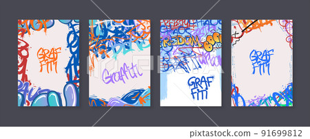 Street art poster. Urban graffiti banners, freestyle tags with spray paint splashes and abstract vector backgrounds set 91699812