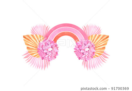 Handmade rainbow flowers and tropical palm boho leave with dry dried. Watercolor illustration on white background. Modern home hanging wall kids decor.Design for logo, baby textile, print, decor Handmade rainbow flowers and tropical palm boho leave with dry dried. Watercolor illustration on white background. Modern home hanging wall kids decor.Design for logo, baby textile, print, decor 91700369