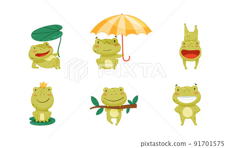 Funny frogs in different activities set. Cute amphibian character sitting under umbrella, jumping, hanging on tree branch vector illustration 91701575