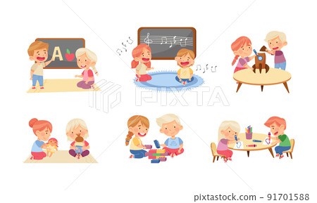 Cute little boys and girls playing and learning in kindergarten set. Preschool activities and early education for kids cartoon vector illustration Cute little boys and girls playing and learning in kindergarten set. Preschool activities and early education for kids cartoon vector illustration 91701588