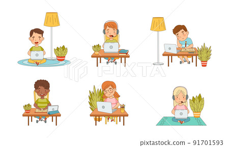 Elementary school students learning online set. Cute kids studying via video or web conference using laptop computers vector illustration 91701593