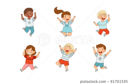 Joyful little boys and girls jumping. Happy kids having fun cartoon vector illustration 91701595