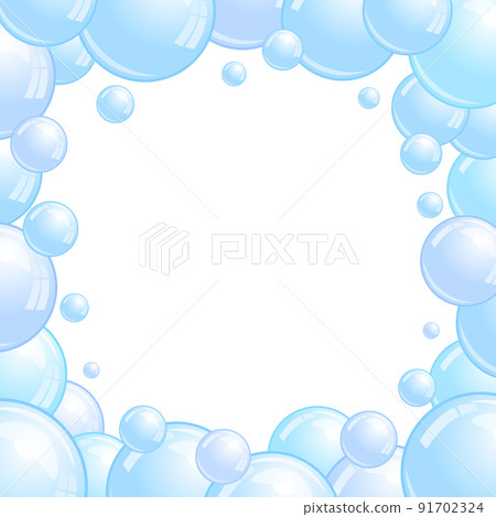 Blue soap bubbles frame. Foam border, suds decorative divider. Soap bubbles pattern. Vector background Blue soap bubbles frame. Foam border, suds decorative divider. Soap bubbles pattern. Vector background 91702324