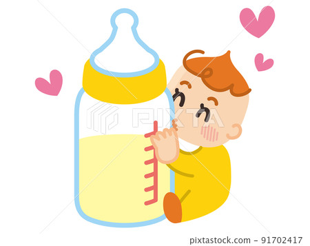 Baby hugging a big baby bottle Baby hugging a big baby bottle 91702417