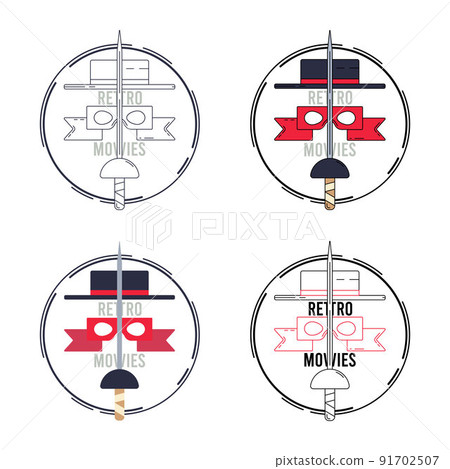 Line color simple vector creative illustration set - retro heroic movies. T-shirt printable concept logo. Vintage cinema symbol object. Abstract video poster decoration. Sword and mask hero tv series. Line color simple vector creative illustration set - retro heroic movies. T-shirt printable concept logo. Vintage cinema symbol object. Abstract video poster decoration. Sword and mask hero tv series. 91702507