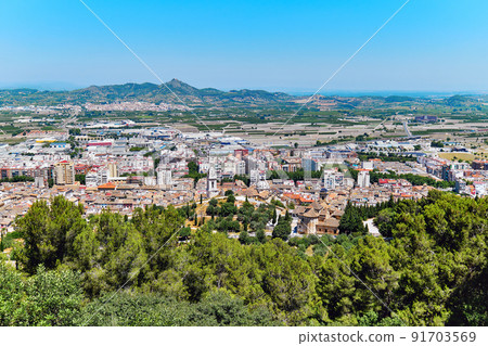Panoramic scenery to Xativa townscape view from Castle. Spain 91703569