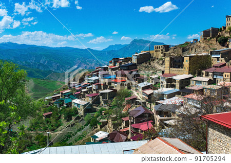 houses on a rocky slope in the mountain village of Chokh in Dagestan 91705294
