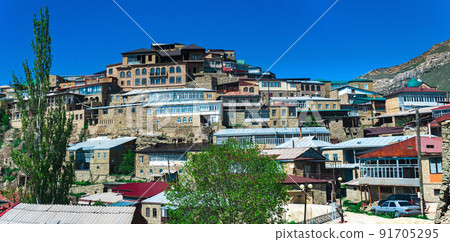 traditional houses of highlanders on a mountainside in the ancient village of Chokh in Dagestan 91705295