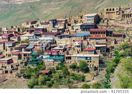 traditional dwellings are located one above the other along the mountain slope in the ancient village of Chokh in Dagestan 91705335