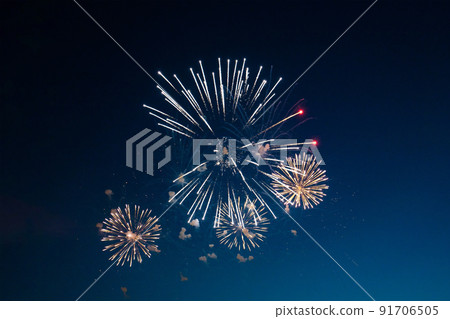 Firework over the blue night city sky 91706505