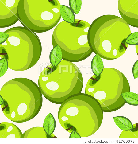 Seamless pattern with apple on color background. Natural delicious fresh ripe tasty fruit. Vector illustration for print, fabric, textile, banner, design. Stylized apples with leaves. Food concept Seamless pattern with apple on color background. Natural delicious fresh ripe tasty fruit. Vector illustration for print, fabric, textile, banner, design. Stylized apples with leaves. Food concept 91709073