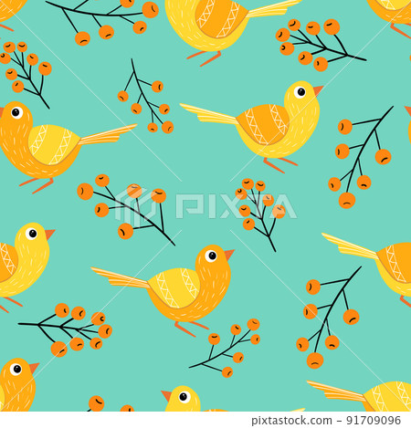 Seamless pattern with funny colorful birds, flowers, leaves and berries. Color flat vector illustration with little cartoon bird. Cute characters. Design for invitation, poster, card, textile, fabric 91709096