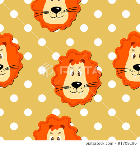 Vector flat animals colorful illustration for kids. Seamless pattern with cute lion face on yellow polka dots background. Adorable cartoon character.Design for textures, card, poster, fabric, textile. 91709190