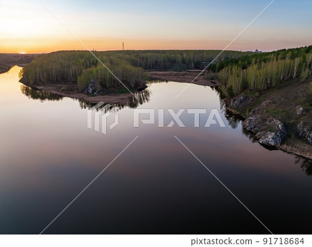 Confluence of the Iset and Kamenka rivers in the city Kamensk-Uralskiy. Iset and Kamenka rivers, Kamensk-Uralskiy, Sverdlovsk region, Ural mountains, Russia. Aerial view 91718684