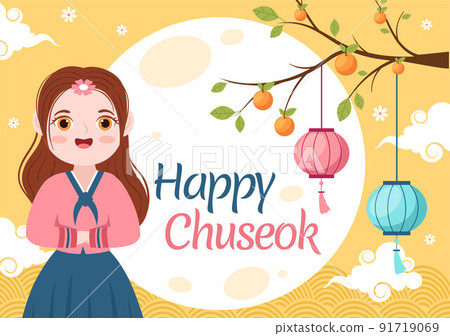 Happy Chuseok Day in Korea for Thanksgiving with People in Traditional Hanbok, Full Moon and Sky Landscape in Flat Cartoon Illustration Happy Chuseok Day in Korea for Thanksgiving with People in Traditional Hanbok, Full Moon and Sky Landscape in Flat Cartoon Illustration 91719069