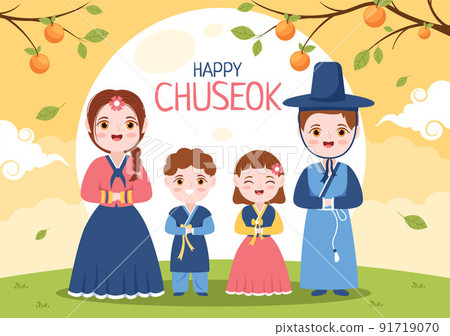 Happy Chuseok Day in Korea for Thanksgiving with People in Traditional Hanbok, Full Moon and Sky Landscape in Flat Cartoon Illustration 91719070