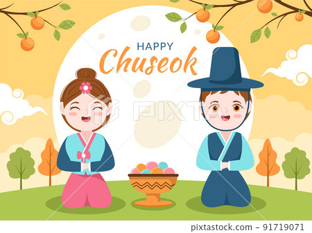 Happy Chuseok Day in Korea for Thanksgiving with People in Traditional Hanbok, Full Moon and Sky Landscape in Flat Cartoon Illustration Happy Chuseok Day in Korea for Thanksgiving with People in Traditional Hanbok, Full Moon and Sky Landscape in Flat Cartoon Illustration 91719071