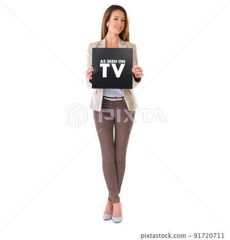 You know you want it. Studio shot of a young businesswoman holding up a sign that reads as seen on TV. You know you want it. Studio shot of a young businesswoman holding up a sign that reads as seen on TV. 91720711