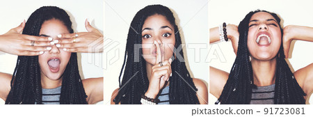 Let no evil enter. Composite image of an attractive young woman posing in the studio. 91723081