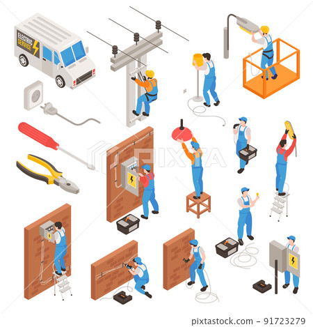 Electrician Isometric Icons Set 91723279