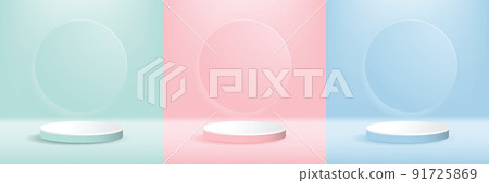 Set of pastel minimal scenery with geometrical forms. green, pink, light blue in circle backdrop. background vector 3d render podium. stand cosmetic products. vector illustration. Set of pastel minimal scenery with geometrical forms. green, pink, light blue in circle backdrop. background vector 3d render podium. stand cosmetic products. vector illustration. 91725869