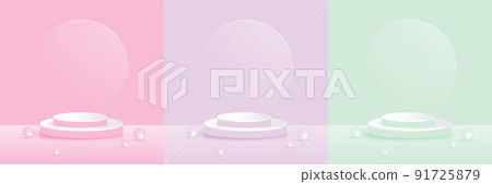 Set of pastel minimal scenery with geometrical forms. green, pink, light blue in circle backdrop. background vector 3d render podium. stand cosmetic products. vector illustration. 91725879