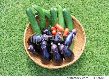 Fresh cucumbers, tomatoes and eggplants in a bamboo colander 91726880