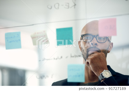 Im so close to nailing it. Cropped shot of a young businessman brainstorming with notes on a glass wall in an office. 91727189