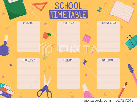 Cute childish school timetable, weekly classes schedule for kids with school supplies. Printable planner, diary for student. Stationery set for children. To Do List. 91727242