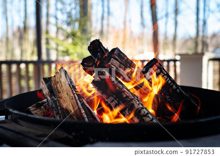 Barbecue grill with fire on open air close up 91727853