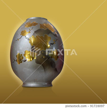 beautiful antique silver and gold ceramic vase on gold background, object, decor, home, house, vintage, ancient, copy space 91728097