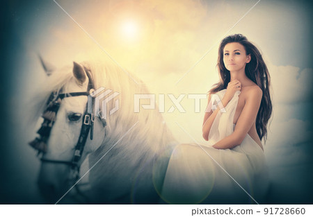 The lady and her mount. Illustration of a stunningly beautiful woman on a horse. 91728660