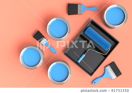 Set of metal cans or buckets with paint roller and tray on orange background. 91731350