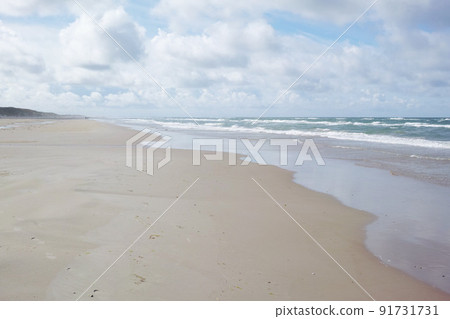 An empty beach on a cloudy morning with copyspace. Ocean waves washing onto a sandy shore, calm, peaceful day in relaxing zen environment. Copy space at sea with clouds in the sky in the background 91731731