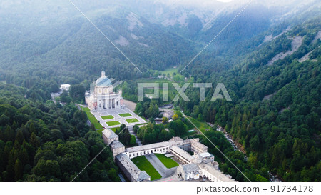 Aerial view of The Sanctuary of Oropa in tj Italian Alps. 91734178