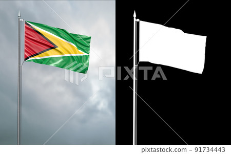 3d illustration of the state flag of the Co-operative Republic of Guyana moving in the wind at the flagpole in front of a cloudy sky with its alpha channel 91734443