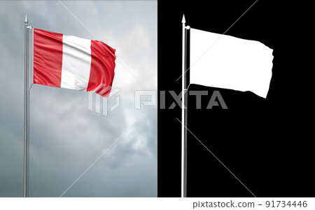 3d illustration of the state flag of the Republic of Peru moving in the wind at the flagpole in front of a cloudy sky with its alpha channel 91734446