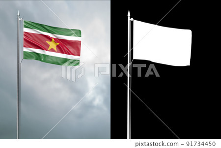 3d illustration of the state flag of the Republic of Suriname moving in the wind at the flagpole in front of a cloudy sky with its alpha channel 91734450