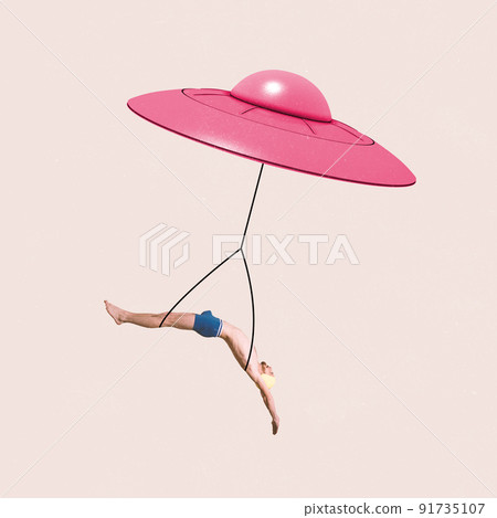 Contemporary art collage. Creative design. Man in swimming cap flying on UFO. Surreal mood 91735107